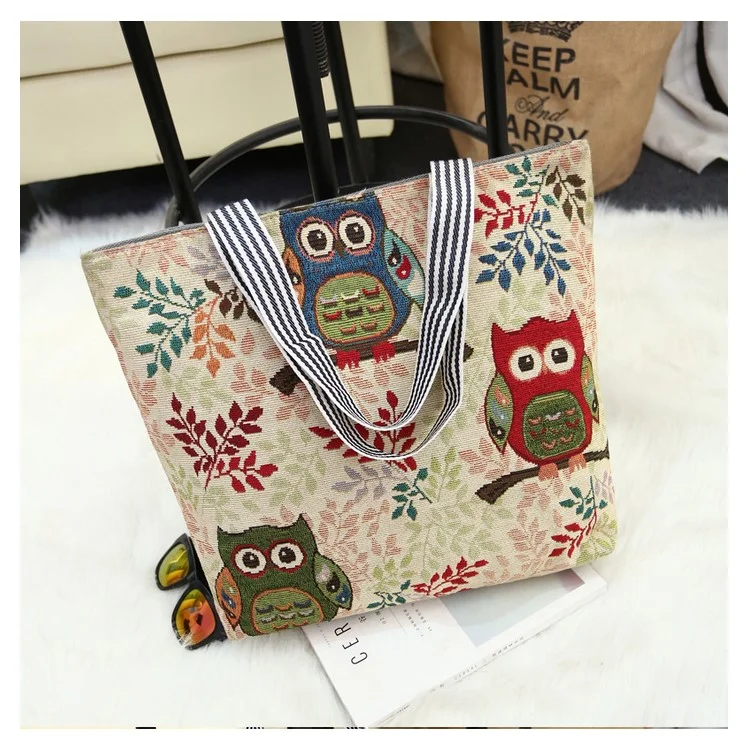 Fashion Owl Pattern Embroidery Canvas Carrier Bag Shoulder Bag for Ladies - Three Owls