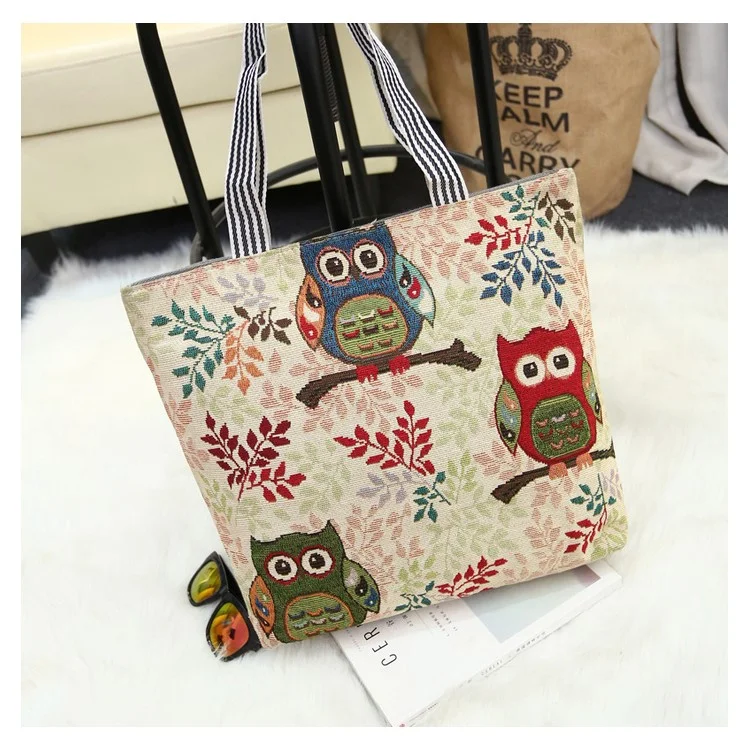 Fashion Owl Pattern Embroidery Canvas Carrier Bag Shoulder Bag for Ladies - Three Owls