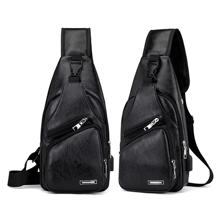 Herren-Leder-Umhängetasche, Brustbeutel, Schulterrucksack, Gürteltasche, Umhängetasche mit USB-Ladeanschluss - Schwarz