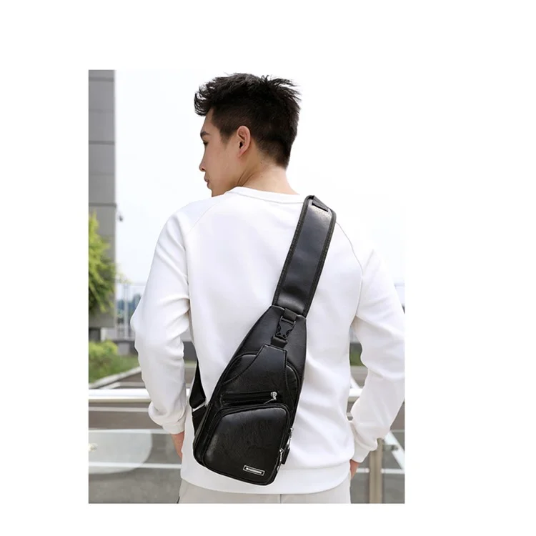 Men's Leather Sling Bag Chest Bag Shoulder Backpack Fanny Pack Crossbody Bag with USB Charging Port - Black