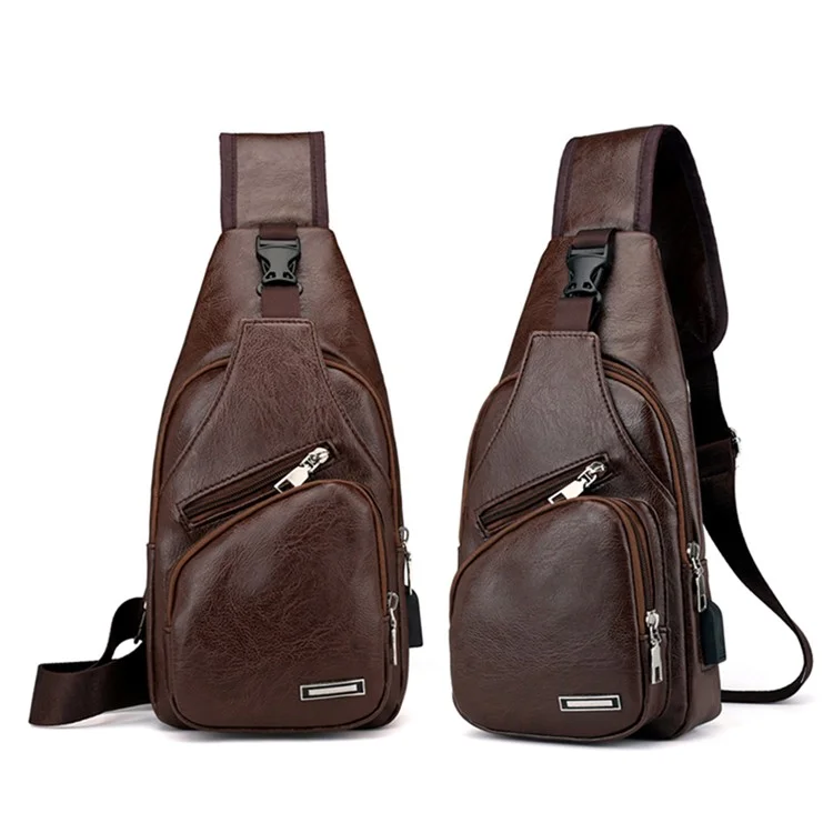 Men's Leather Sling Bag Chest Bag Shoulder Backpack Fanny Pack Crossbody Bag with USB Charging Port - Coffee