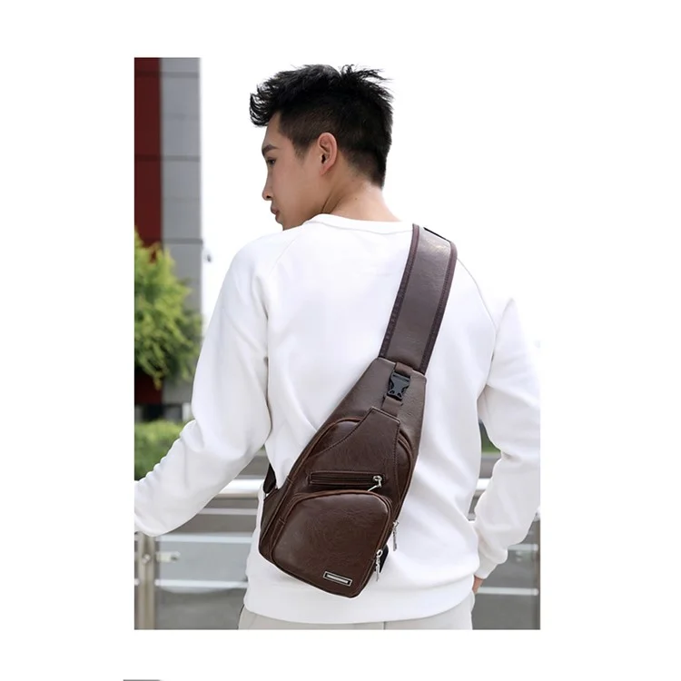 Men's Leather Sling Bag Chest Bag Shoulder Backpack Fanny Pack Crossbody Bag with USB Charging Port - Coffee