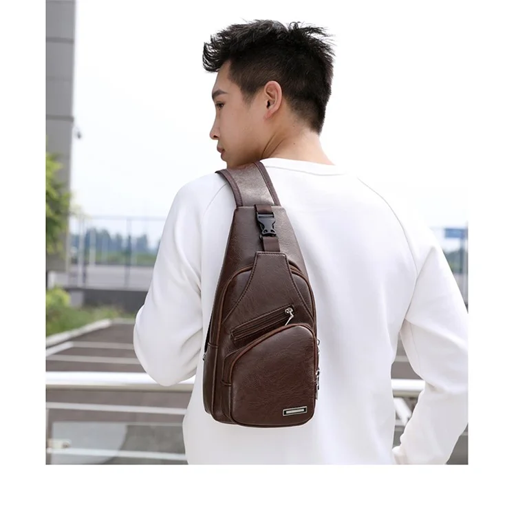 Bolsa de Tipóia de Couro Masculina Mochila de Ombro de Ombro Mochila Saco Crossbody Com Porta de Carregamento USB - Café