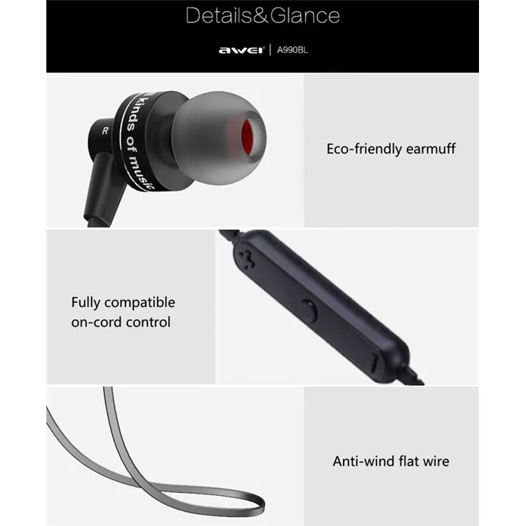 AWEI A990BL Sports Style Stereo Bluetooth 4.0 Earphone Headphone for iPhone Samsung - Black
