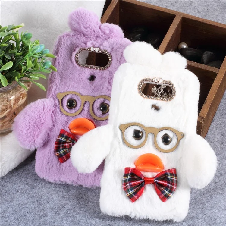 Adorable Duck Pattern Rhinestone Fur Coated TPU Cell Phone Case for LG G6 - White