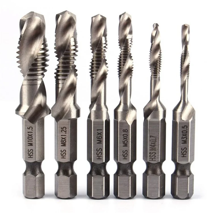 6-in-1 Hand Tap Drill Hex Shank HSS Screw Spiral Point Thread Metric Plug Drill Bits