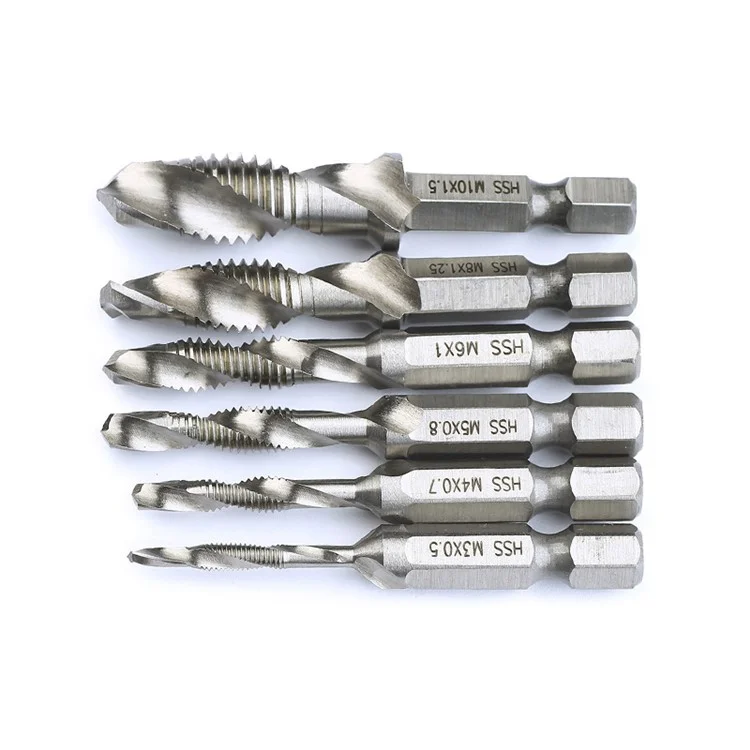 6-in-1 Hand Tap Drill Hex Shank HSS Screw Spiral Point Thread Metric Plug Drill Bits