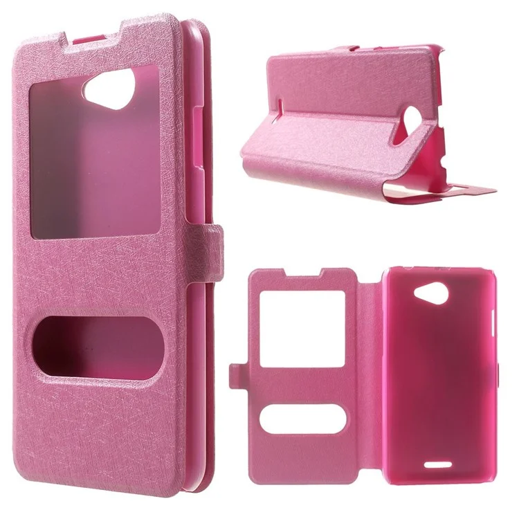 Silk Texture Dual View Windows for HTC Desire 516 D516w Dual Sim Magnetic Leather Stand Case Cover - Rose