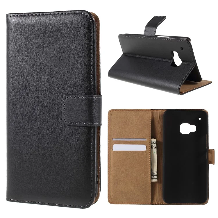 Genuine Leather Wallet Cover Stand for HTC One M9 - Black
