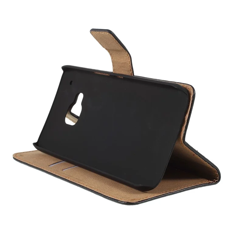 Genuine Leather Wallet Cover Stand for HTC One M9 - Black
