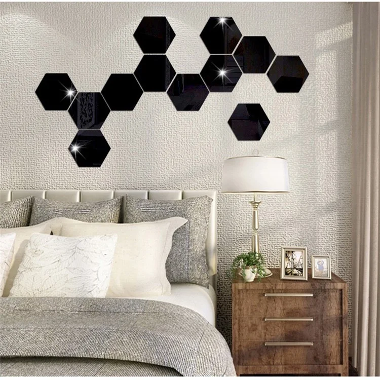 12pcs / Pack Amovible Miroir Acrylique Réglage Mural Sticker Décalque - Noir