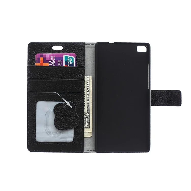 Genuine Full Grain Leather Case Wallet for Huawei Ascend P8 Lite with Stand - Black