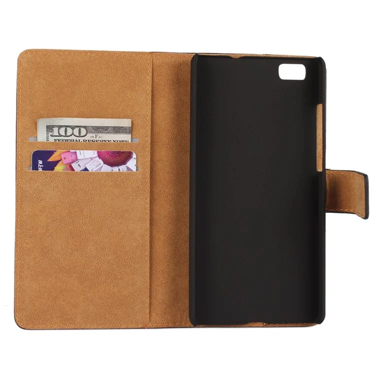 Genuine Split Leather Wallet Case for Huawei Ascend P8 Lite - Black