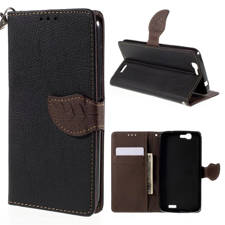 Leaf Flip Stand Wallet Leather Cover Case for Huawei Ascend G7 - Black