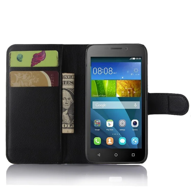 Litchi Skin Wallet Leather Stand Case for Huawei Honor Bee Y5c - Black