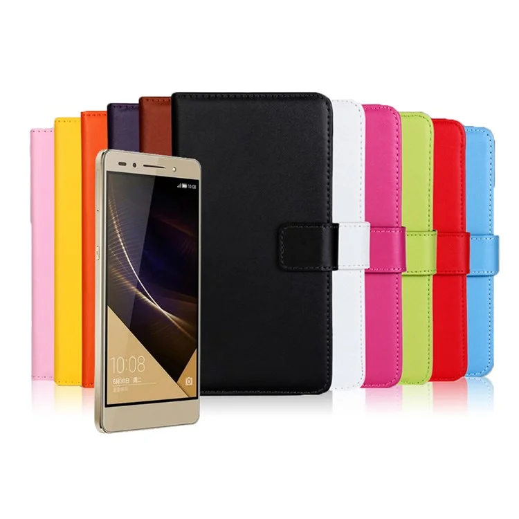 Genuine Split Leather Wallet Case for Huawei Honor 7 / 7 Premium with Stand - Black