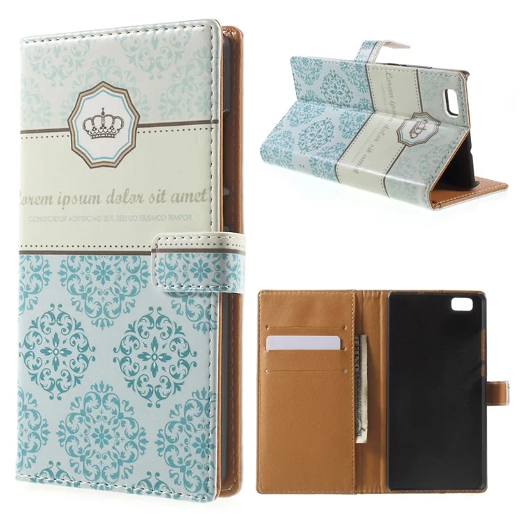 Leather Wallet Case for Huawei Ascend P8 Lite - Blue Damask and Crown