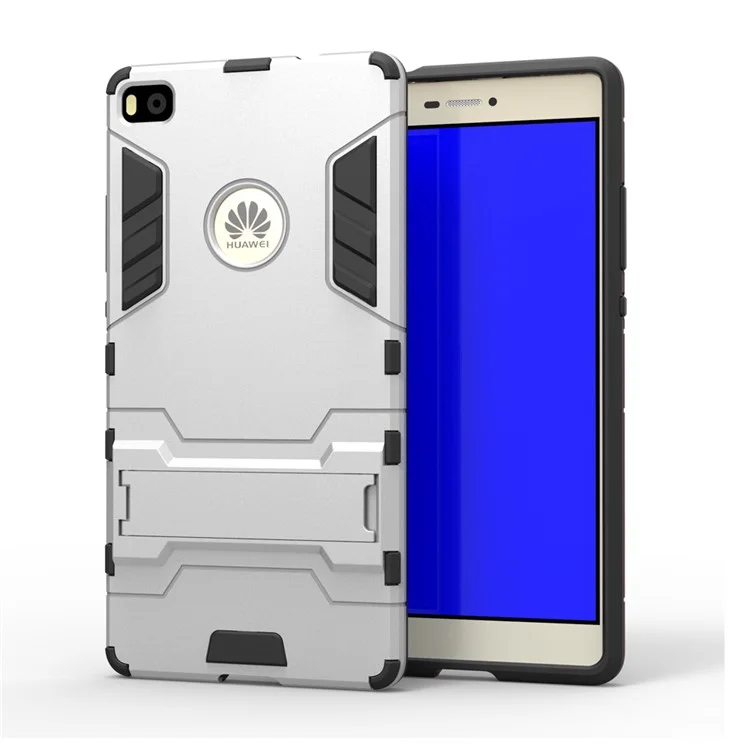 Snap-on PC + TPU Hybrid Case for Huawei Ascend P8 with Kickstand - Silver