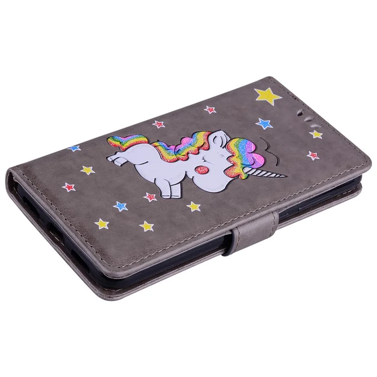 Flash Powder Unicorn Pattern Stand Leather Card Slots Cover for Huawei P8 Lite (2017) / Honor 8 Lite - Grey