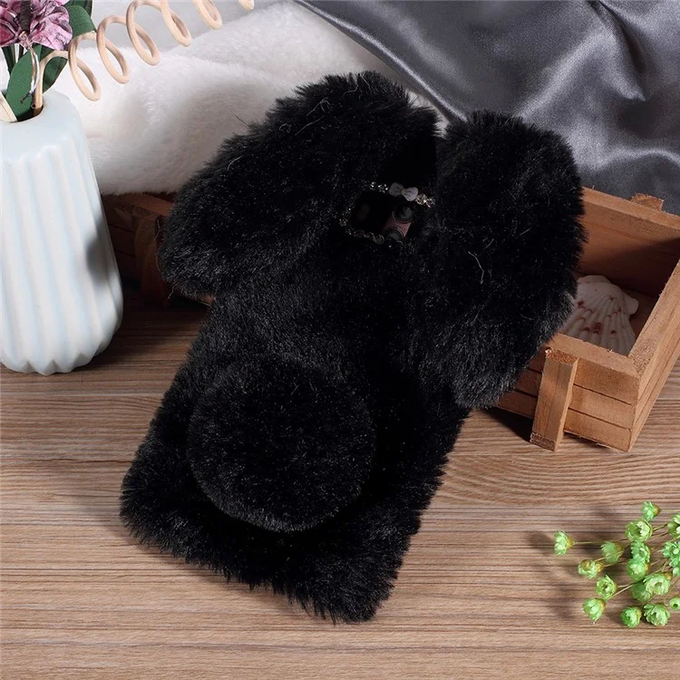 Rabbit Shape Fluffy Fur Coated Rhinestone TPU Case for Huawei Mate 10 - Black