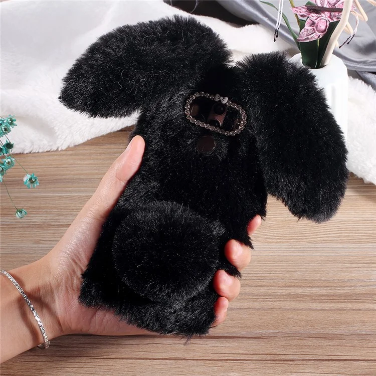 Rabbit Shape Fluffy Fur Coated Rhinestone TPU Case for Huawei Mate 10 Pro - Black