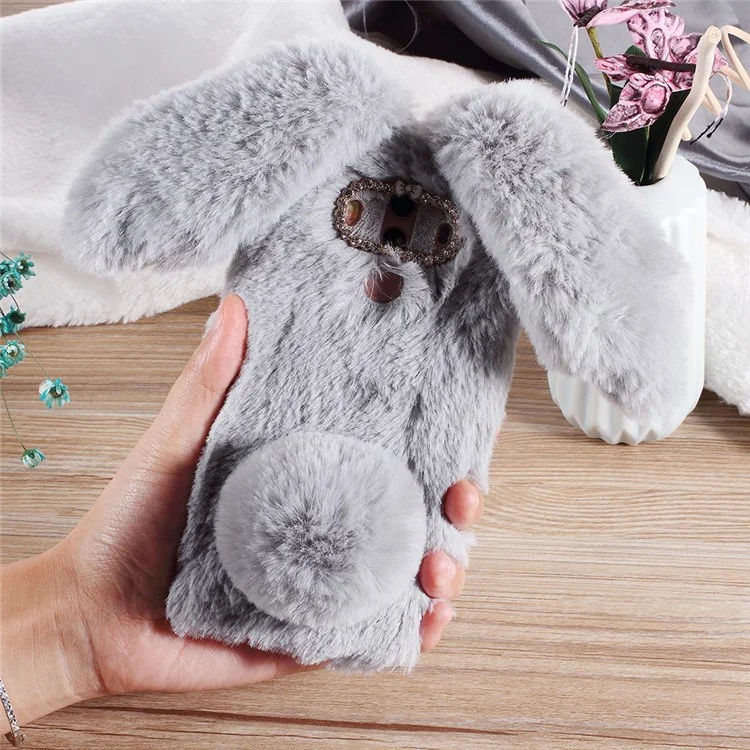 Rabbit Shape Fluffy Fur Coated Rhinestone TPU Back Case for Huawei Mate 10 Pro - Light Grey