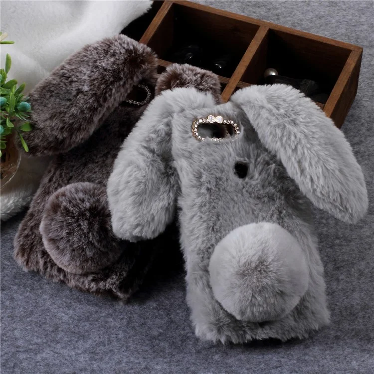 Rabbit Shape Fluffy Fur Coated Rhinestone TPU Case for Huawei P Smart/Enjoy 7S - Coffee
