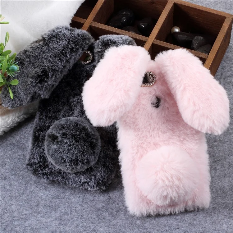 Rabbit Shape Fluffy Fur Coated Rhinestone TPU Case for Huawei P Smart/Enjoy 7S - Coffee