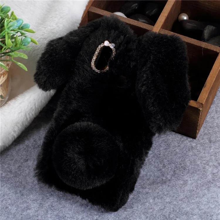 For Huawei P20 Lite / Nova 3e (China) Rabbit Shape Fluffy Fur Coated Rhinestone TPU Protective Cover Shell - Black