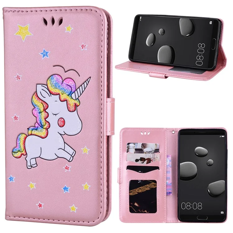 Unicorn Pattern Flash Powder Leather Wallet Stand Case for Huawei Mate 10 - Rose Gold