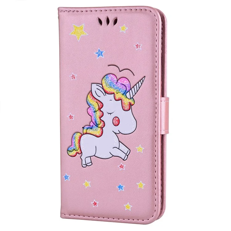 Unicorn Pattern Flash Powder Leather Wallet Stand Case for Huawei Mate 10 - Rose Gold