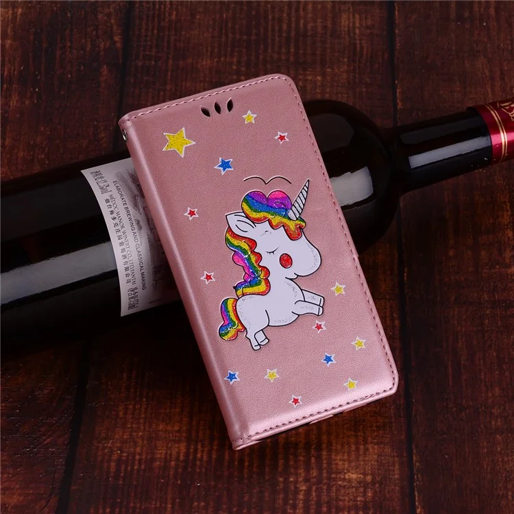 Unicorn Pattern Flash Powder Leather Wallet Stand Case for Huawei Mate 10 - Rose Gold