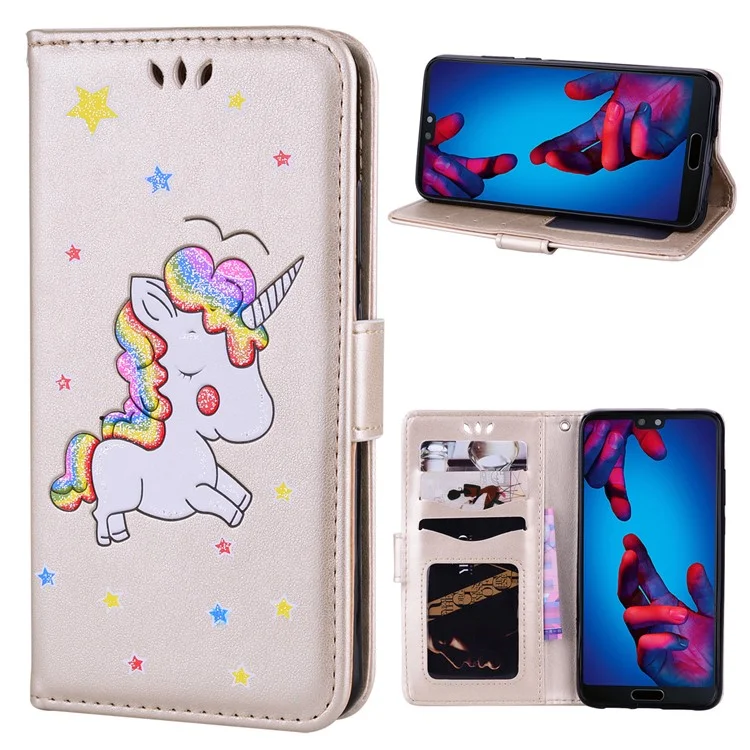 Flash Powder Unicorn Imprint Leather Wallet Stand Cellphone Case for Huawei P20 - Gold