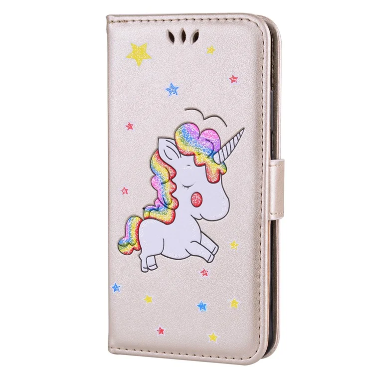 Flash Powder Unicorn Imprint Leather Wallet Stand Cellphone Case for Huawei P20 - Gold