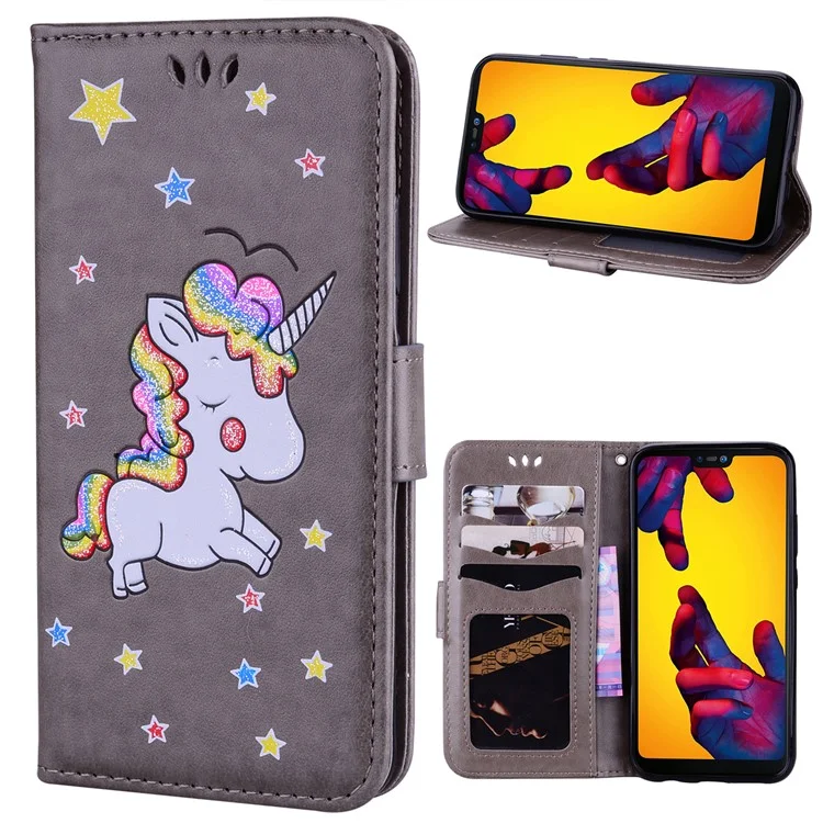 Flash Powder Unicorn Imprint Leather Wallet Stand Cellphone Casing for Huawei P20 Lite / Nova 3e - Grey