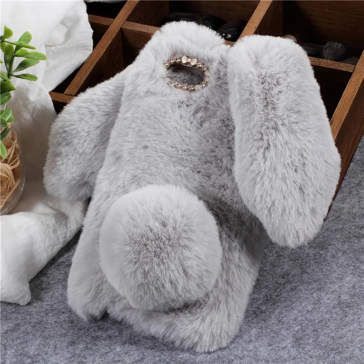 Light Grey - Rabbit Shape Fluffy Fur Coated Rhinestone TPU Protective Mobile Phone Shell for Huawei Y5 (2018)