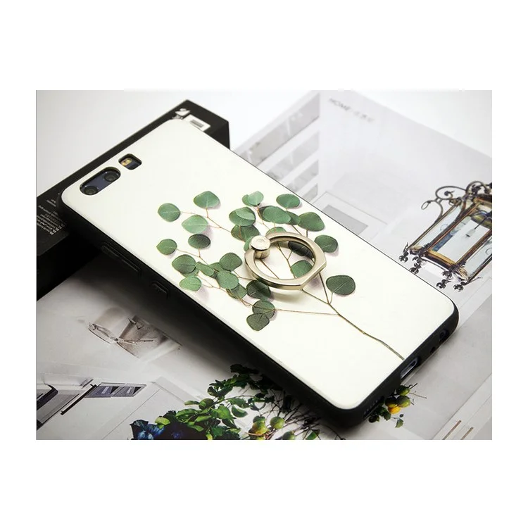 Embossment Patterned Hybrid PC Plate + TPU Frame Combo Case Cover with  Finger Ring Holder for Huawei P10 - Leaves Pattern