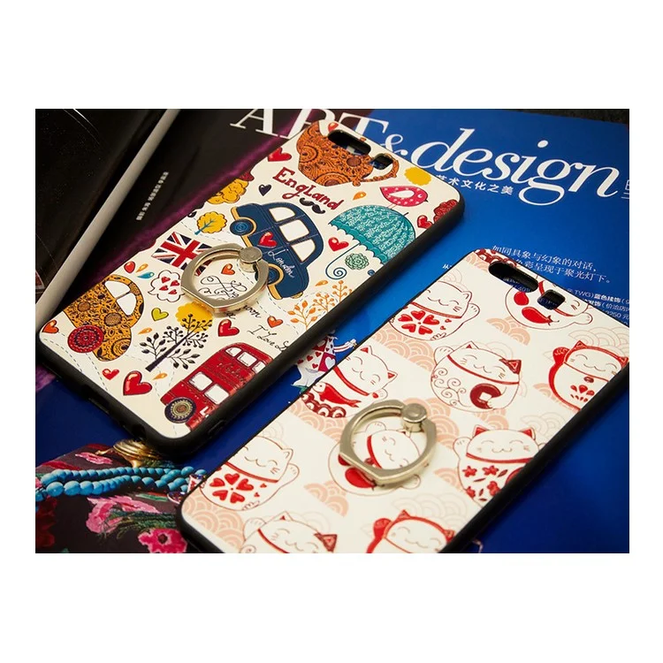 Embossment Patterned Hybrid PC Plate + TPU Frame Combo Case Cover with  Finger Ring Holder for Huawei P10 - Leaves Pattern