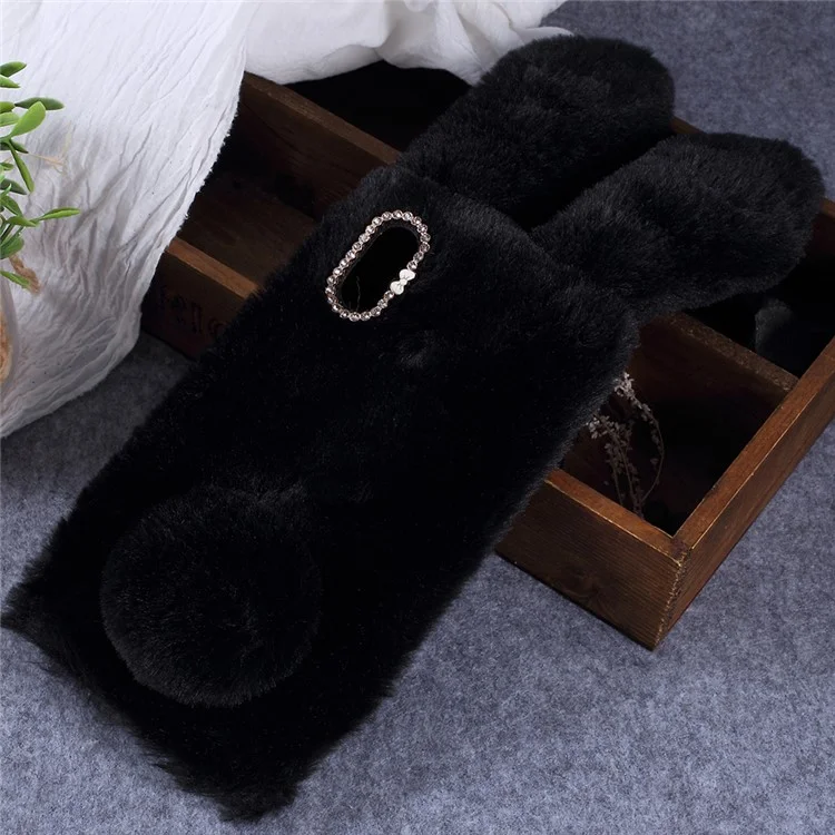 Rabbit Shape Fluffy Fur Coated Rhinestone TPU Case for Xiaomi Mi Max 3 - Black
