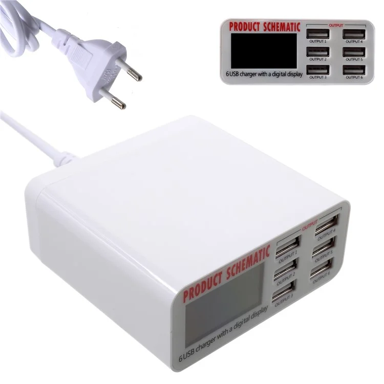 6 Portas USB Carregador Com Tela Digital 30W Total 5V/6A Saída - Plugue da ue