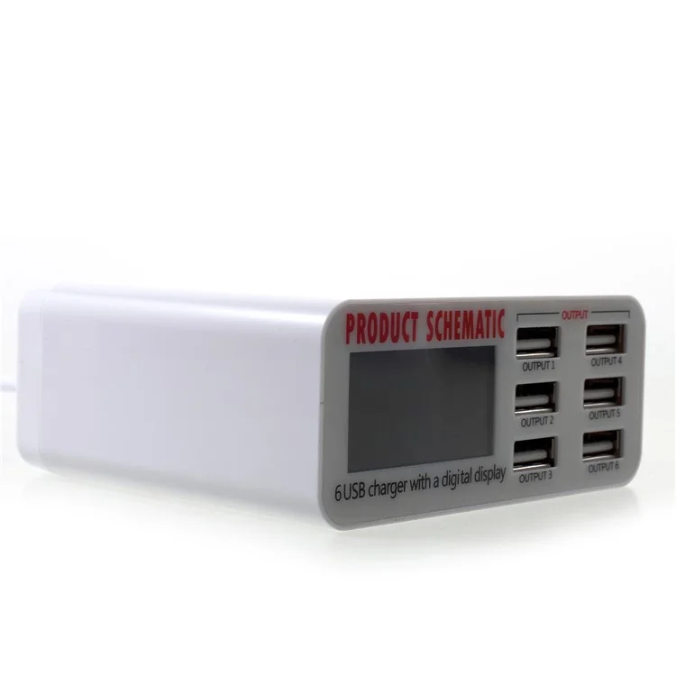 6 Portas USB Carregador Com Tela Digital 30W Total 5V/6A Saída - Plugue da ue