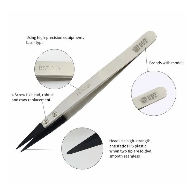 BEST BST-259A Stainless Steel Anti-static Fine Point Tweezers with Replaceable Tip