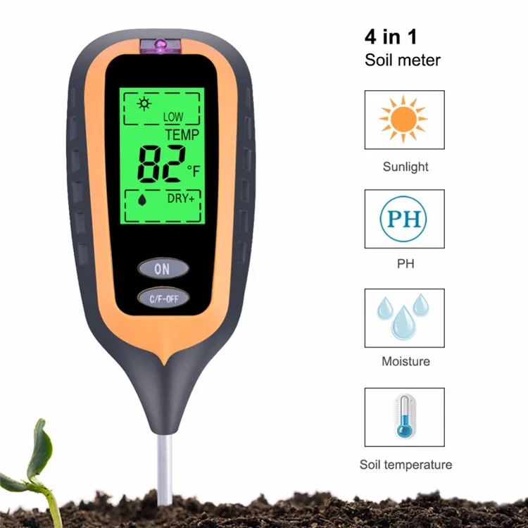 Testeur de sol 4 en 1 pour température, humidité, lumière et pH pour ferme, jardin, pelouse