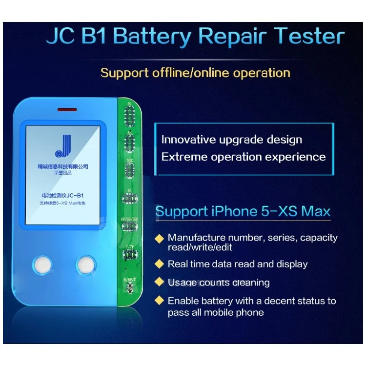 Detector de batería JC-B1 Tester para iPhone XS Max/XS/X/8 Plus/8/7 Plus/7/6s Plus/6s/6 Plus/6/5 SE/5s/5