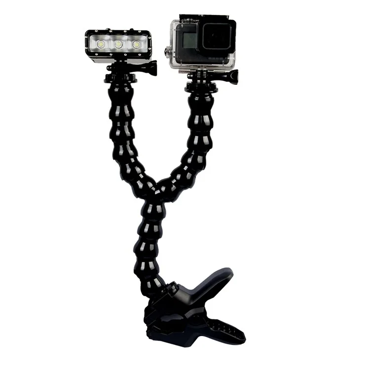 Adjustable Snake Arm Double Mount Holder with Clamp Clip for GoPro Hero6/HERO5/4/3+, SJCAM, Xiaoyi etc.