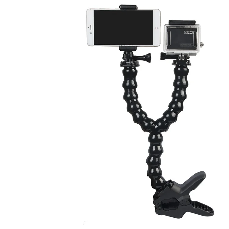 Adjustable Snake Arm Double Mount Holder with Clamp Clip for GoPro Hero6/HERO5/4/3+, SJCAM, Xiaoyi etc.