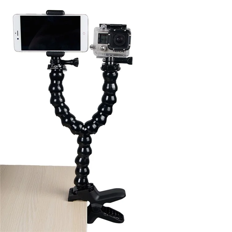 Adjustable Snake Arm Double Mount Holder with Clamp Clip for GoPro Hero6/HERO5/4/3+, SJCAM, Xiaoyi etc.