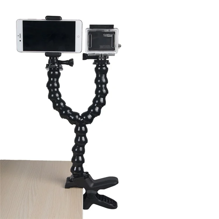 Adjustable Snake Arm Double Mount Holder with Clamp Clip for GoPro Hero6/HERO5/4/3+, SJCAM, Xiaoyi etc.