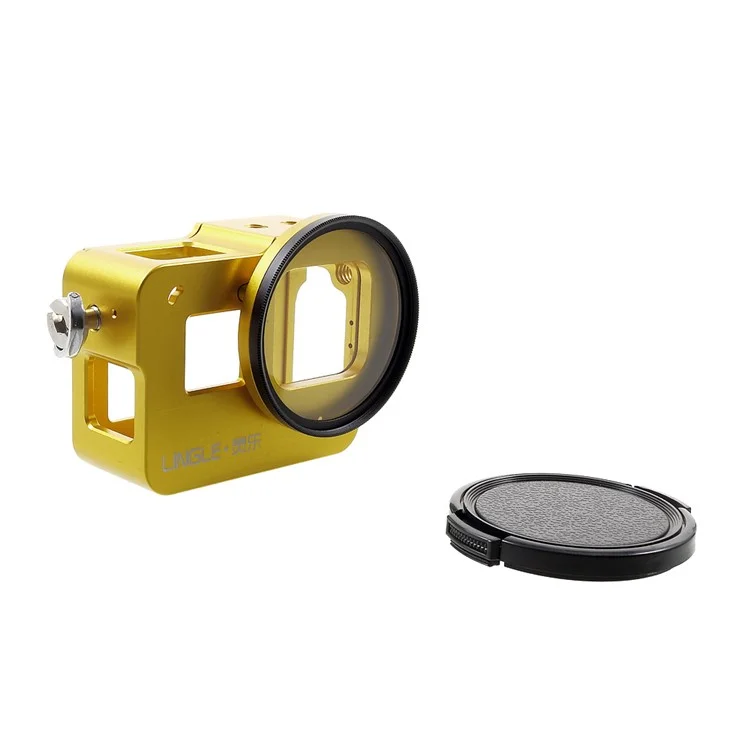 LINGLE Metal Mount Housing Frame Case with UV 52mm Lens Filter for GoPro Hero6 Black / Hero5 Black Camera (AT627) - Gold Color
