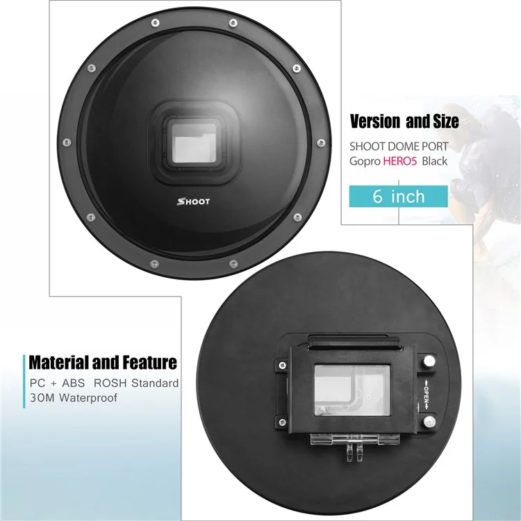 SHOOT 6 inch GoPro Dome Port Underwater Diving Camera Lens for GoPro Hero 5 Black (XTGP376) - Black